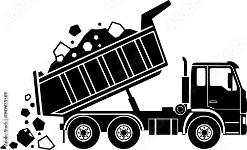 Dump truck silhouette vector illustration, construction vehicle loading and unloading debris, heavy machinery transport icon, industrial work equipment, material handling graphic design element