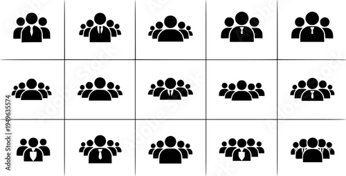 Vector group size icons, black silhouette people symbols, small and large team pictograms, community and demographic illustration, organizational structure design, social figures
