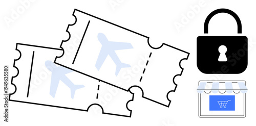 Travel booking, online shopping, cybersecurity, travel security, e-commerce safety, digital transactions. Airplane tickets, lock and shopping cart icons. Travel booking and cybersecurity concept