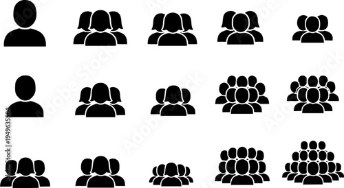 Vector group size icons, black silhouette people symbols, small and large team pictograms, community and demographic illustration, organizational structure design, social figures