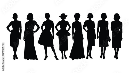 Seven women in various dress styles standing in a row
