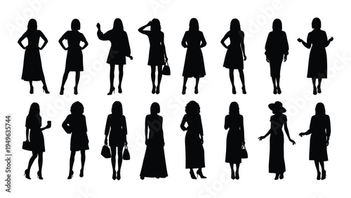 Collection of black silhouettes of women in various poses
