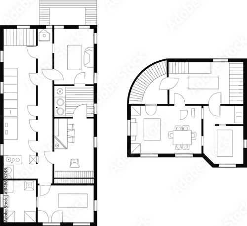 Flat vector two-story house floor plan, residential layout architectural design