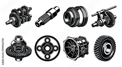 Industrial gearbox parts and transmission mechanism assembly illustrations for mechanical engineering design projects