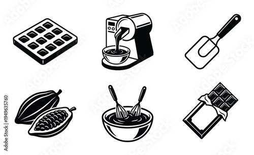 Chocolate making process vector illustration set, including beans, mixer, mold, whisk, spatula, and bar