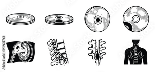 Set of human spine anatomy icons showing intervertebral disc herniation and nerve compression problems