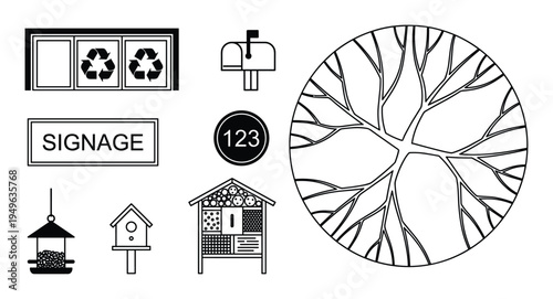 Set of black and white outdoor infrastructure elements, top view nature objects for garden, park and forest
