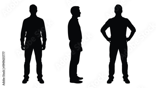 Three black silhouettes of men in different poses