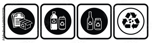 Recycling icons set featuring paper plastic metal and glass separation symbols