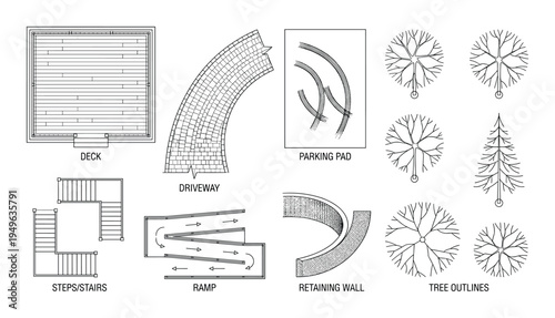 Architectural landscape plan symbols deck, driveway, parking, ramp, retaining wall and tree outlines
