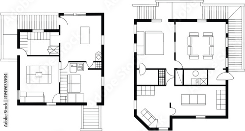 Flat vector two-story house floor plan, residential layout design