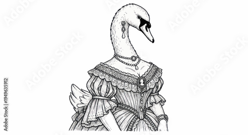 Elegant Swan Woman Victorian Dress Portrait.