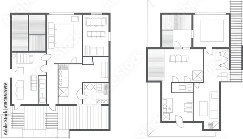 Flat vector two-level house floor plan, residential layout design