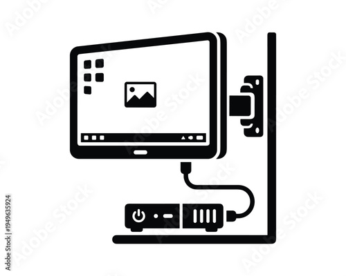 Wall mounted display with media box, screen shows desktop interface and is connected by cable, black silhouette.