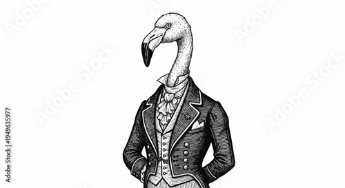 Elegant Flamingo Dressed in Formal Victorian Attire.