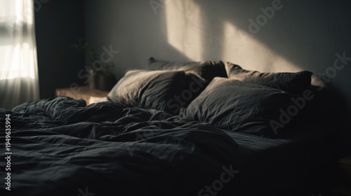 Minimalist bedroom, unmade bed, morning light, soft shadow, dark bedding, moody atmosphere relaxed calm scene