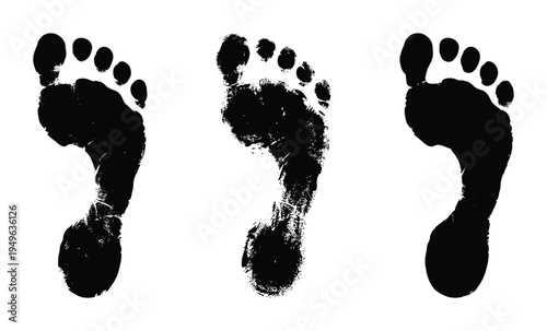Footprint impressions on white background, three black human footprints illustration, track, steps, and mark