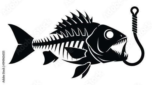 A fish skeleton biting a fishing hook