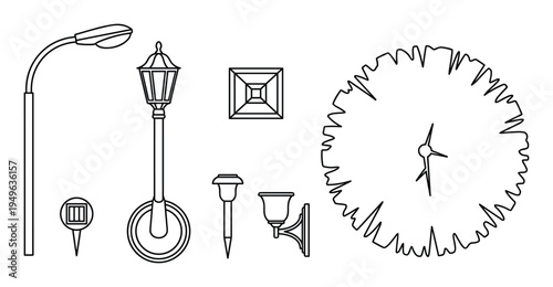 Garden lighting elements in outline style for landscape architecture planning and exterior design projects