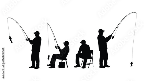 Four men fishing with rods and reels
