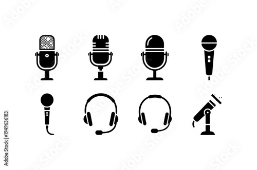 Silhouette of various microphones and headsets