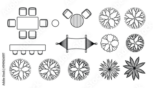 Garden furniture plan with table, chairs, hammock and trees vector illustration