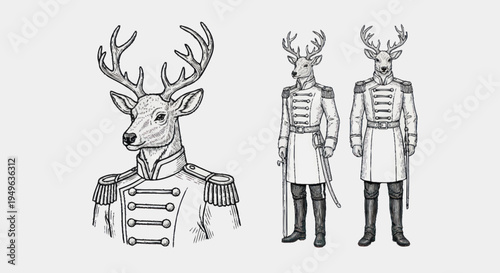 Elegant Deer in Military Uniforms Hand Drawn Illustration.