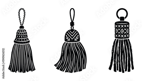 Tassels vector set, decorative tassels, embellishments. Hand drawn tassels in black color, isolated elements for decoration, and textile design