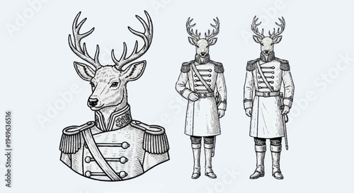 Vintage Deer Head and Full Body Figures in Military Uniforms.