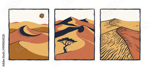 Desert sand dunes landscape illustration with sun and tree silhouette artwork collection