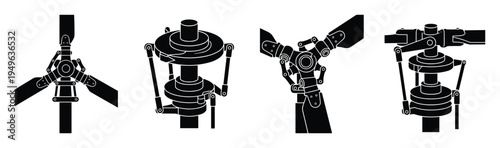 Technical illustration of helicopter rotor blade assembly and hub system
