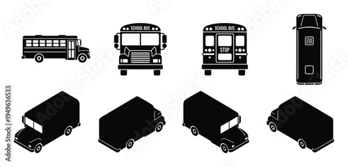 School bus silhouettes, front view, back view, top view, side view, and isometric views