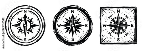 Three compass rose vector illustrations, nautical travel exploration orientation designs