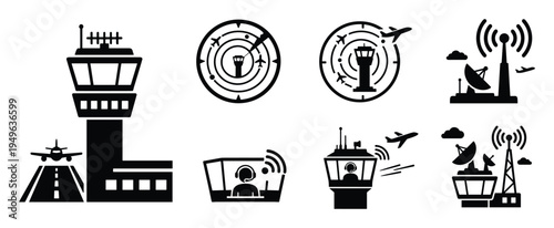 Air traffic control tower and radar system icons for aviation management