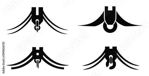 Set of black silhouettes of stump tree with various industrial elements logging company logo