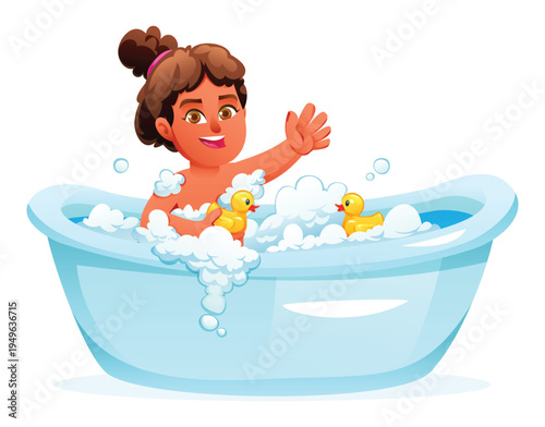 Happy girl waving hand while sitting in bathtub with bubbles and rubber ducks. Vector cartoon illustration