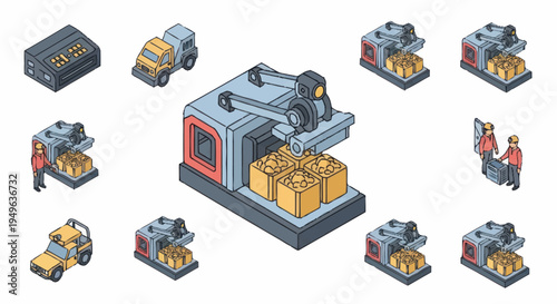 Isometric Industrial Factory Automation Scene.