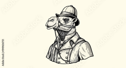 Vintage Camel Dressed as a Victorian Explorer in a Suit and Hat.