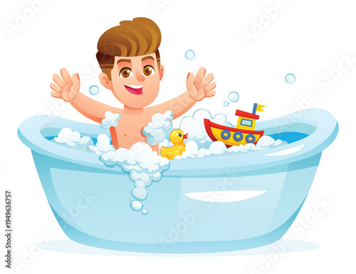 Cheerful boy playing with toy boat and rubber duck in bathtub with soap bubbles. Vector cartoon illustration