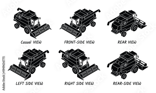 Agricultural combine harvester isometric silhouette views for farming machinery design