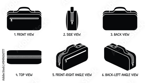 Black travel bag shown in various perspectives including front, side, back, top, and angle views