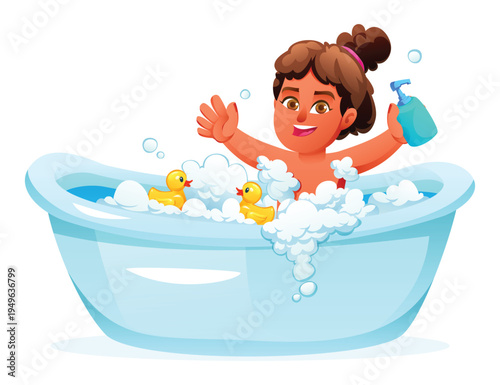 Smiling girl holding soap bottle and waving in blue tub with foam and ducks. Vector cartoon illustration