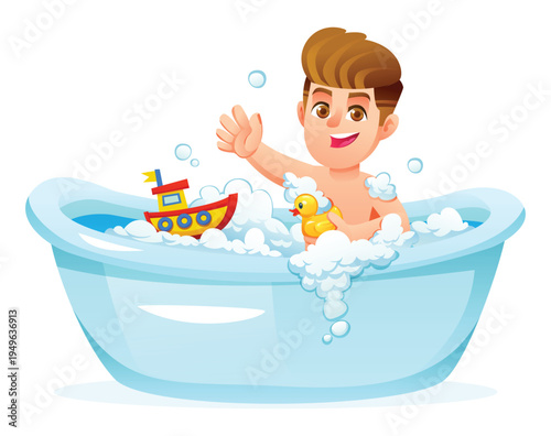 Happy boy sitting in bathtub playing with toy boat and rubber duck with bubbles. Vector cartoon illustration