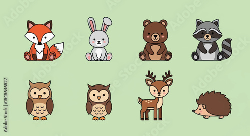 Cute Woodland Animals Collection Vector Illustration.