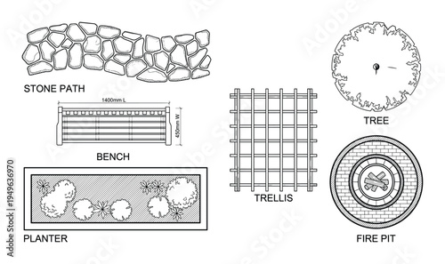 Landscape architecture blueprint elements set including stone path, bench, planter, trellis, tree, fire pit