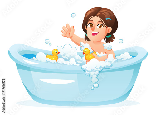 Happy little girl waving her hand while sitting in bathtub with bubbles and ducks. Vector cartoon illustration
