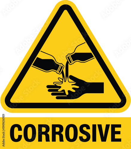 Corrosive warning sign illustration, chemical hazard safety symbol vector showing dangerous substance alert label for laboratory industrial safety compliance.
