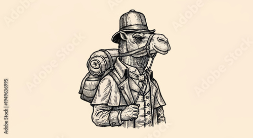 Anthropomorphic Camel Explorer in Vintage Attire with Backpack.