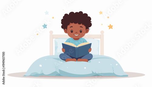 A joyful young boy with curly hair is comfortably seated on his bed, engrossed in a captivating storybook, surrounded by twinkling stars that add a magical glow to his peaceful bedtime routine