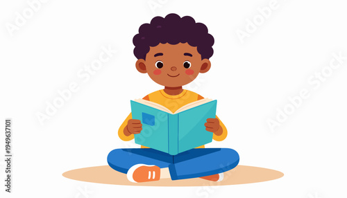 An adorable little boy engrossed in reading a storybook while sitting on the floor. The concept of early childhood literacy and education